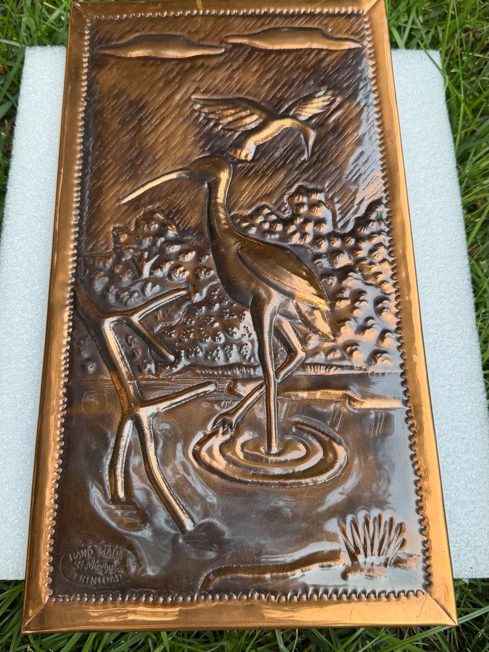 Vintage Hand Made R Mongal Trinidad Copper Relief Art Plaque Heron Bird Wall Dec